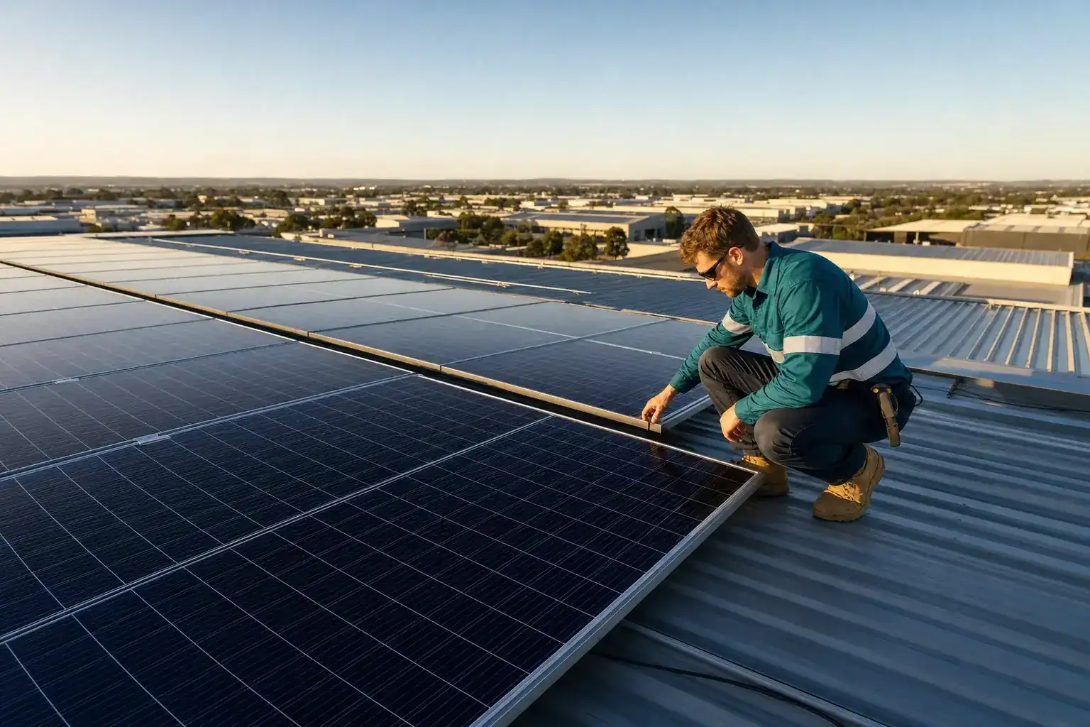 Accredited solar technician inspecting commercial rooftop solar installation on Adelaide industrial building