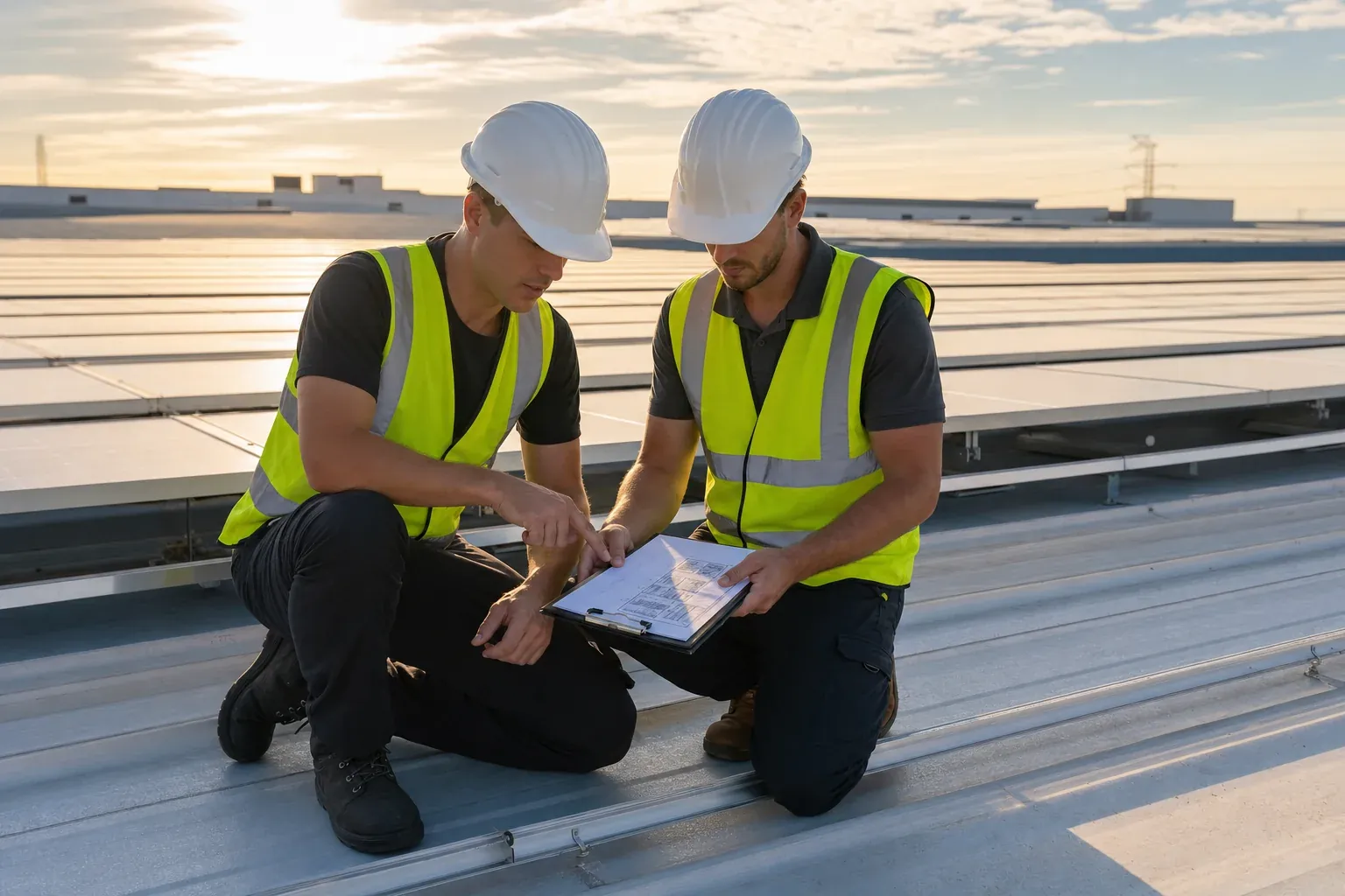 Two accredited solar installers reviewing a system layout plan on a commercial rooftop