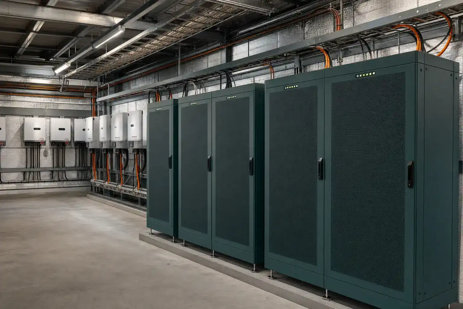 Commercial battery storage cabinet installed beside solar inverters in an Adelaide industrial facility