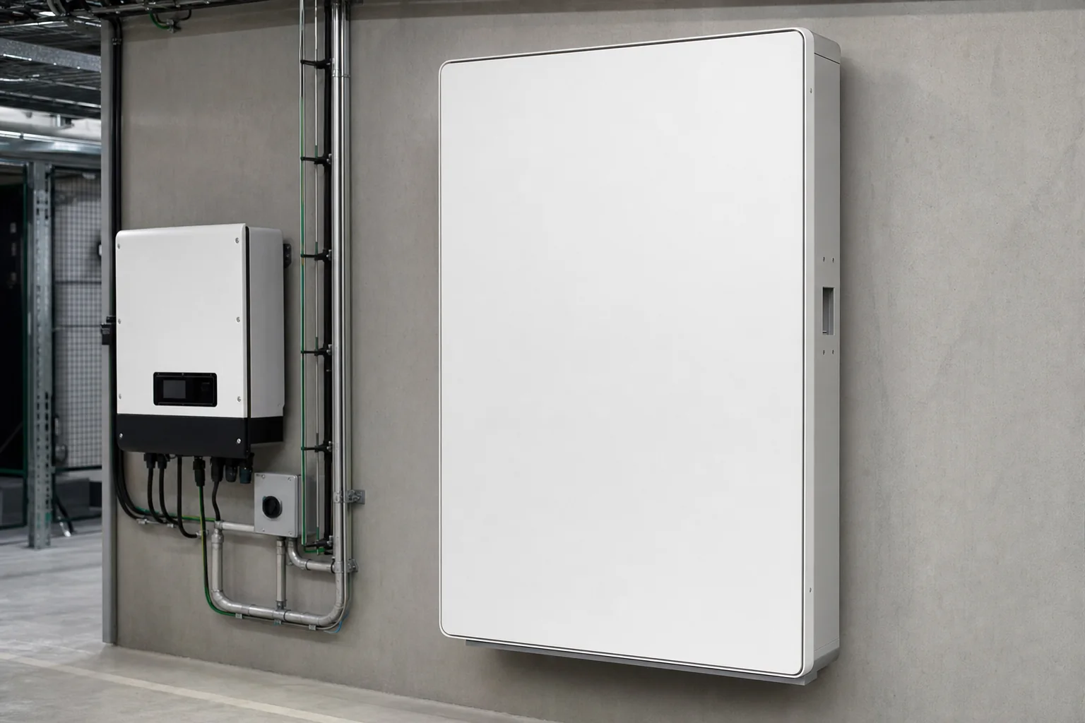 Commercial-scale battery storage cabinet installed beside a solar inverter