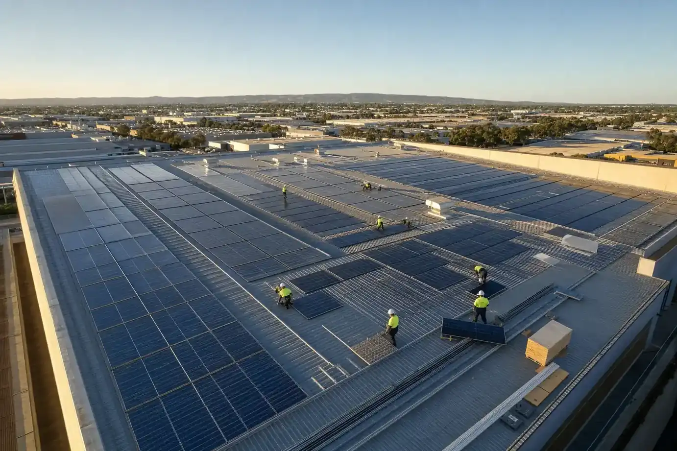 Commercial solar array on Adelaide warehouse rooftop showing panel rows and inverter cabinets
