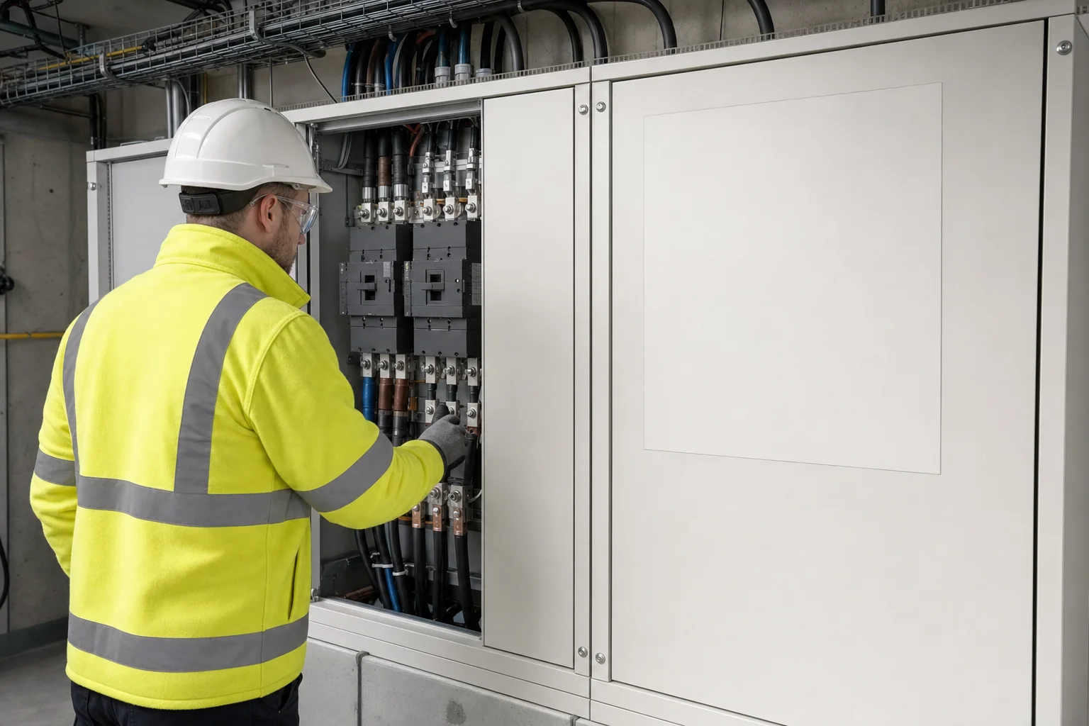 Electrician inspecting a commercial three-phase switchboard and energy meter