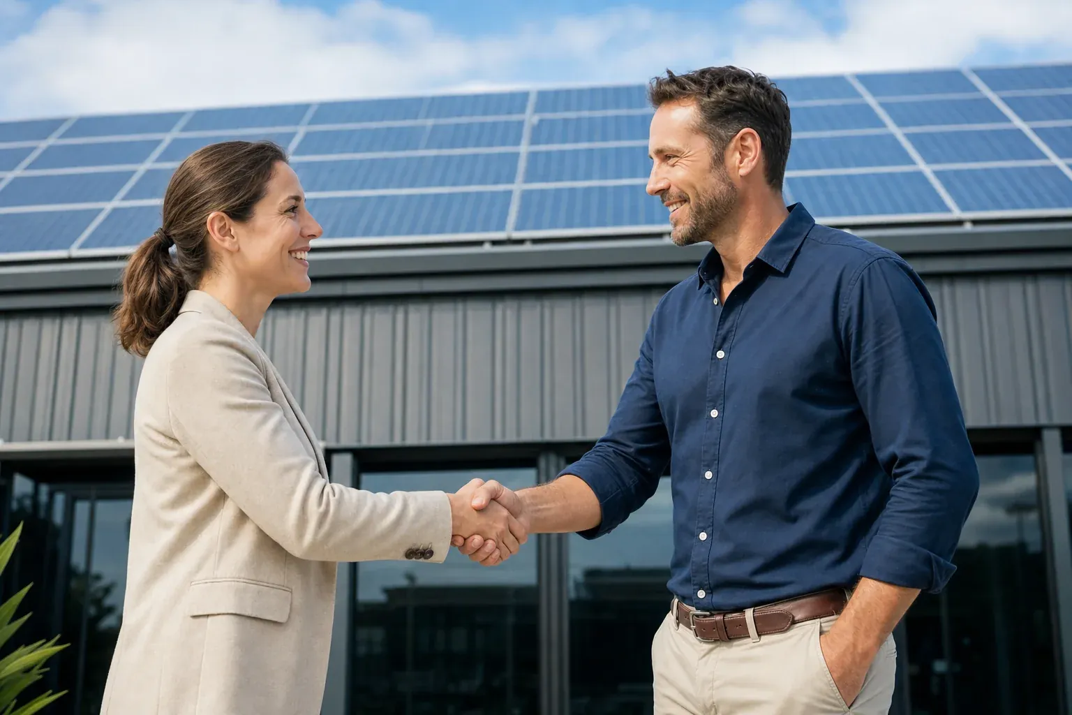 Business owner reviewing a commercial solar finance agreement on site