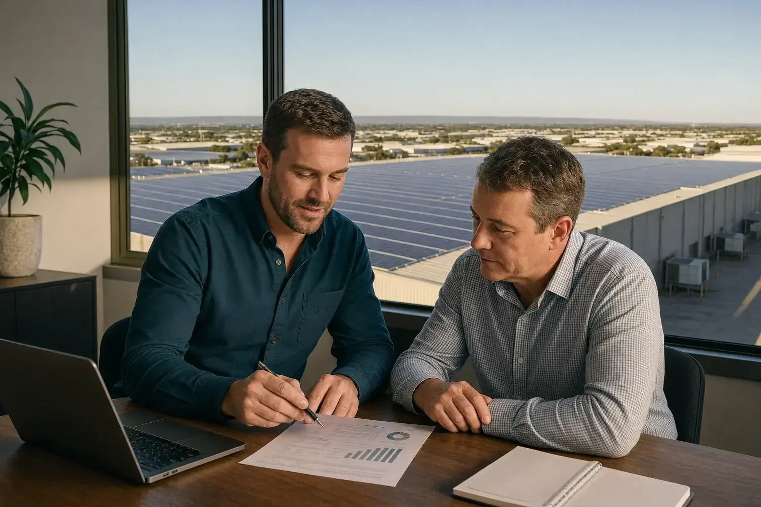 Adelaide commercial property rooftop solar array with financial documents in foreground, business finance concept