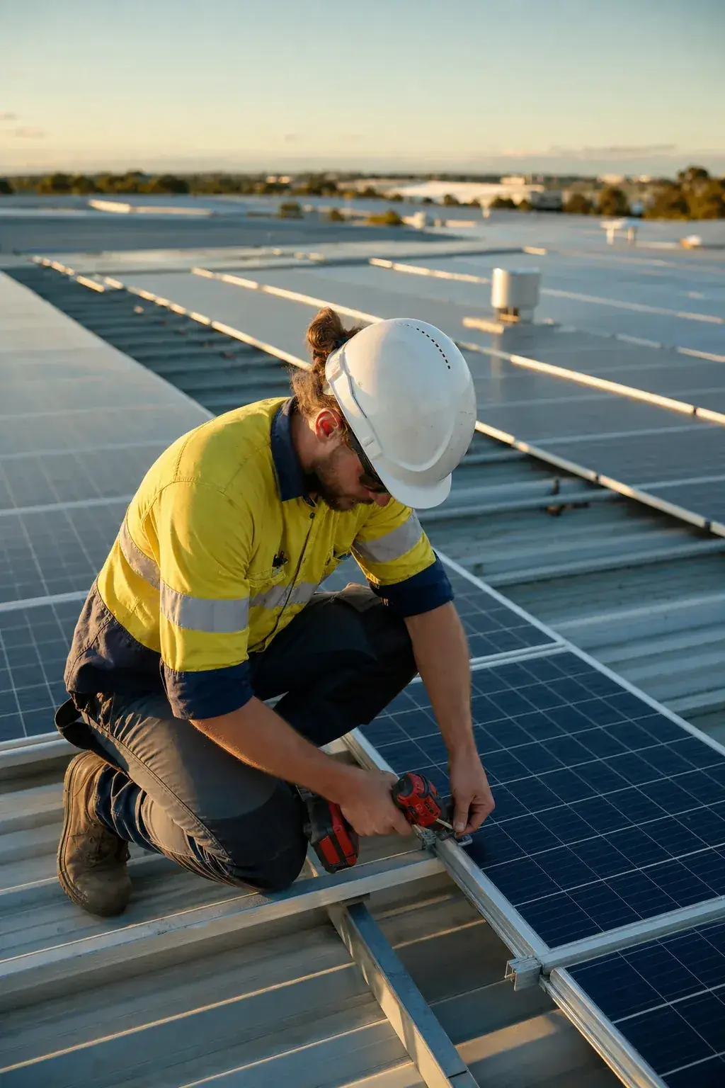 Commercial solar installer fitting a rooftop panel array on an Adelaide industrial building