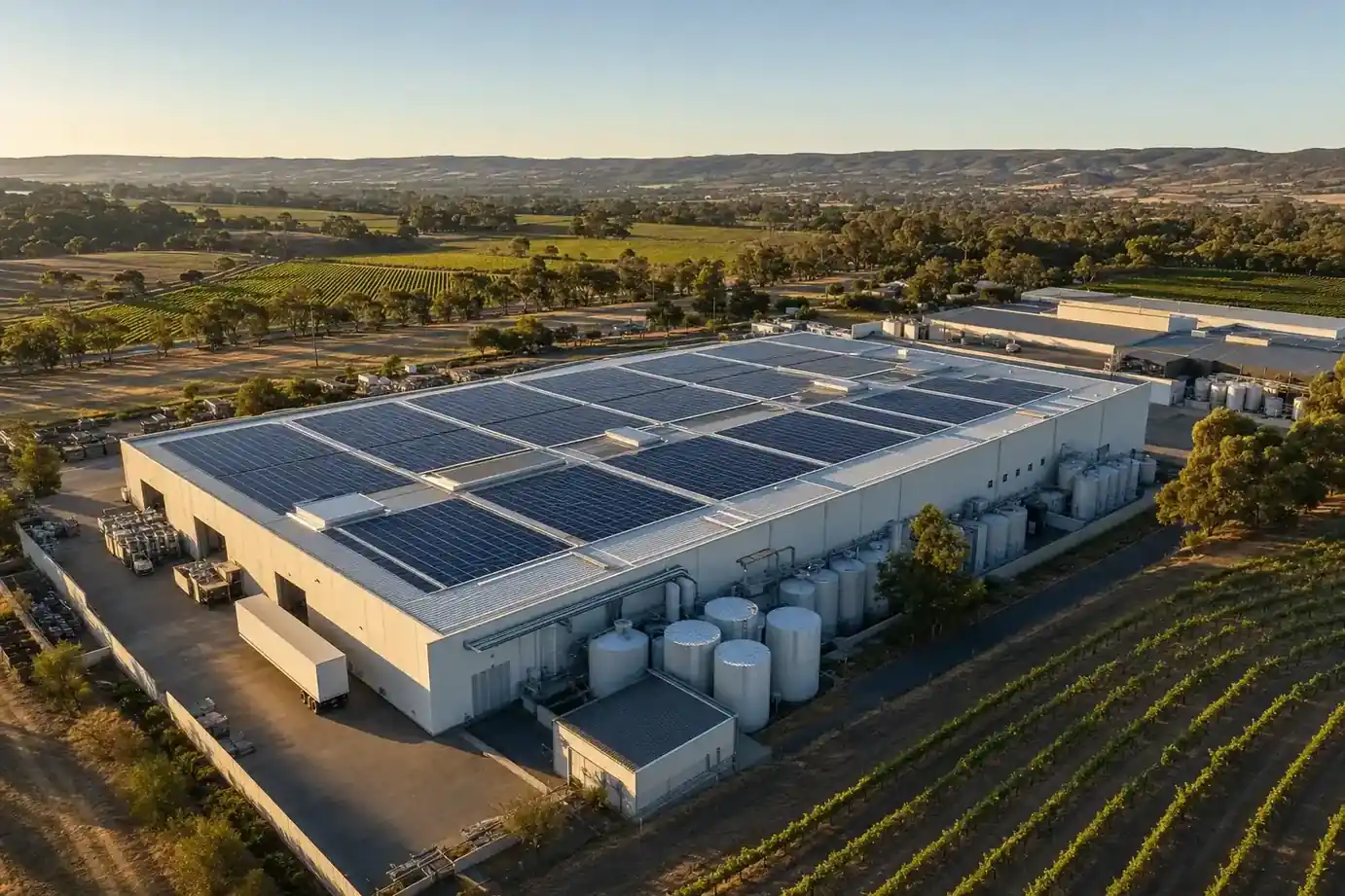 Aerial view of solar panels on a Barossa Valley cold storage facility